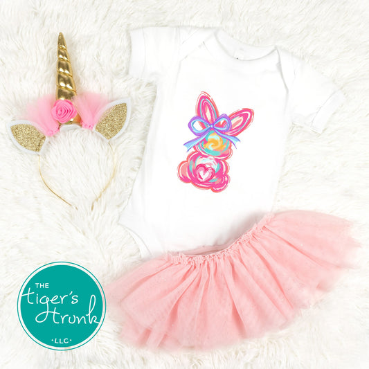 Easter t-shirt with a watercolor pink bunny design, soft and sweet pastel style perfect for spring holiday outfits.