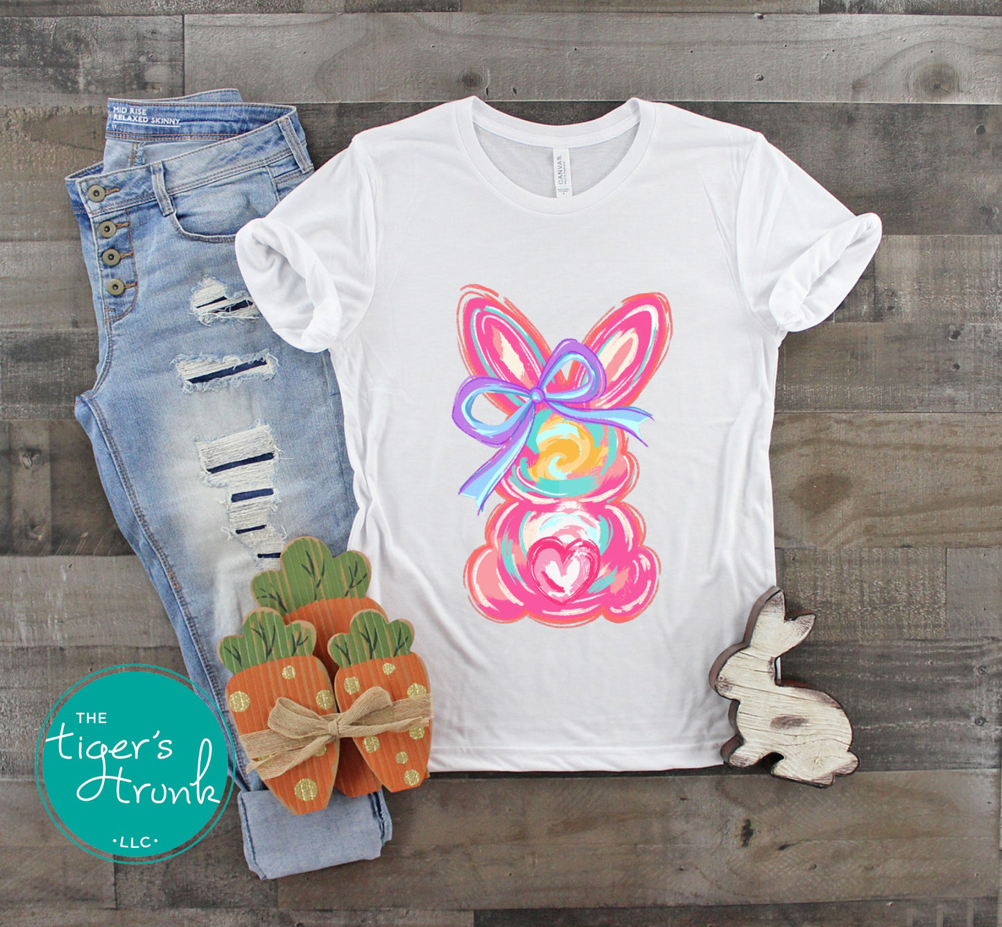 Easter t-shirt with a watercolor pink bunny design, soft and sweet pastel style perfect for spring holiday outfits.