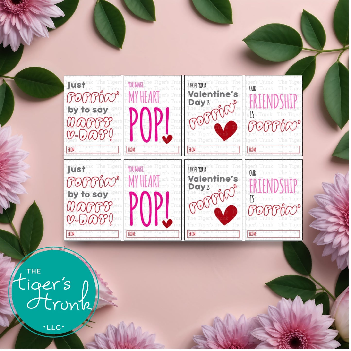 Printable pop-themed Valentine’s cards featuring fun messages like "Just Poppin' By to Say Happy V-Day" and "You Make My Heart Pop," perfect for gum, popcorn, bubbles, or fidget toys.