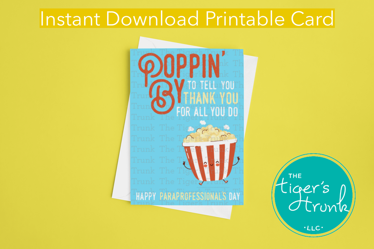 Popcorn-themed printable card with fun thank you message for paraprofessionals, perfect for school appreciation gifts, instant download