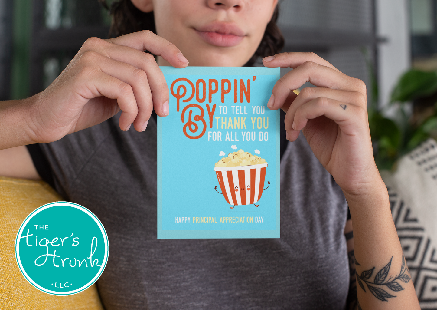 Printable Principal Appreciation card with a popcorn theme and a fun thank-you message, available as an instant digital download in PDF format.