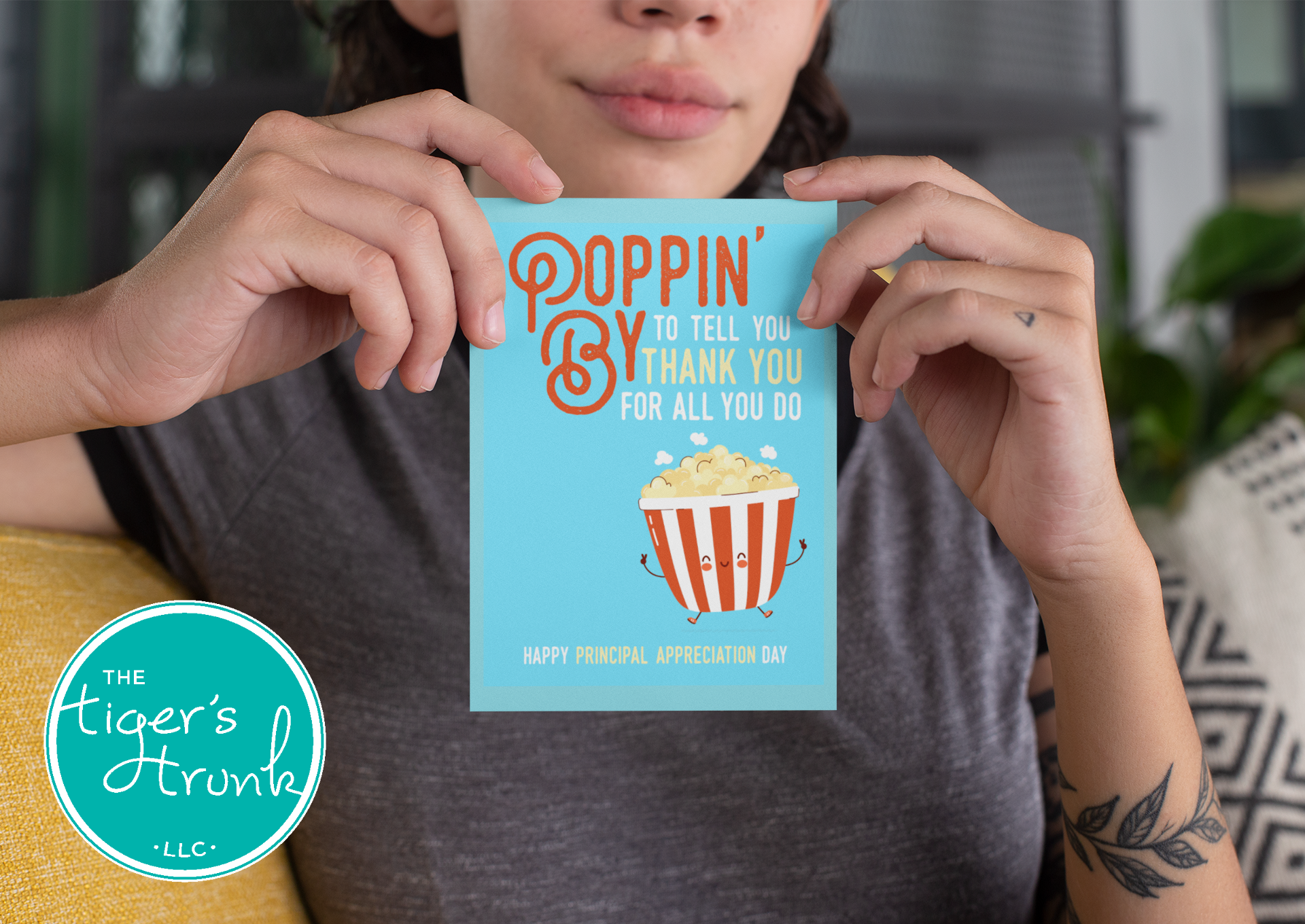 Printable Principal Appreciation card with a popcorn theme and a fun thank-you message, available as an instant digital download in PDF format.