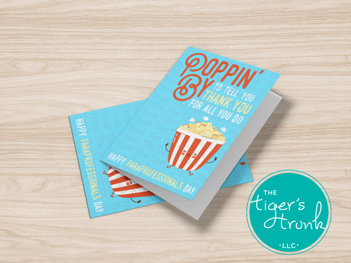 Popcorn-themed printable card with fun thank you message for paraprofessionals, perfect for school appreciation gifts, instant download