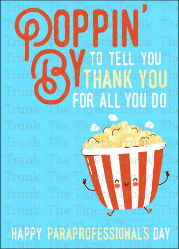 Popcorn-themed printable card with fun thank you message for paraprofessionals, perfect for school appreciation gifts, instant download