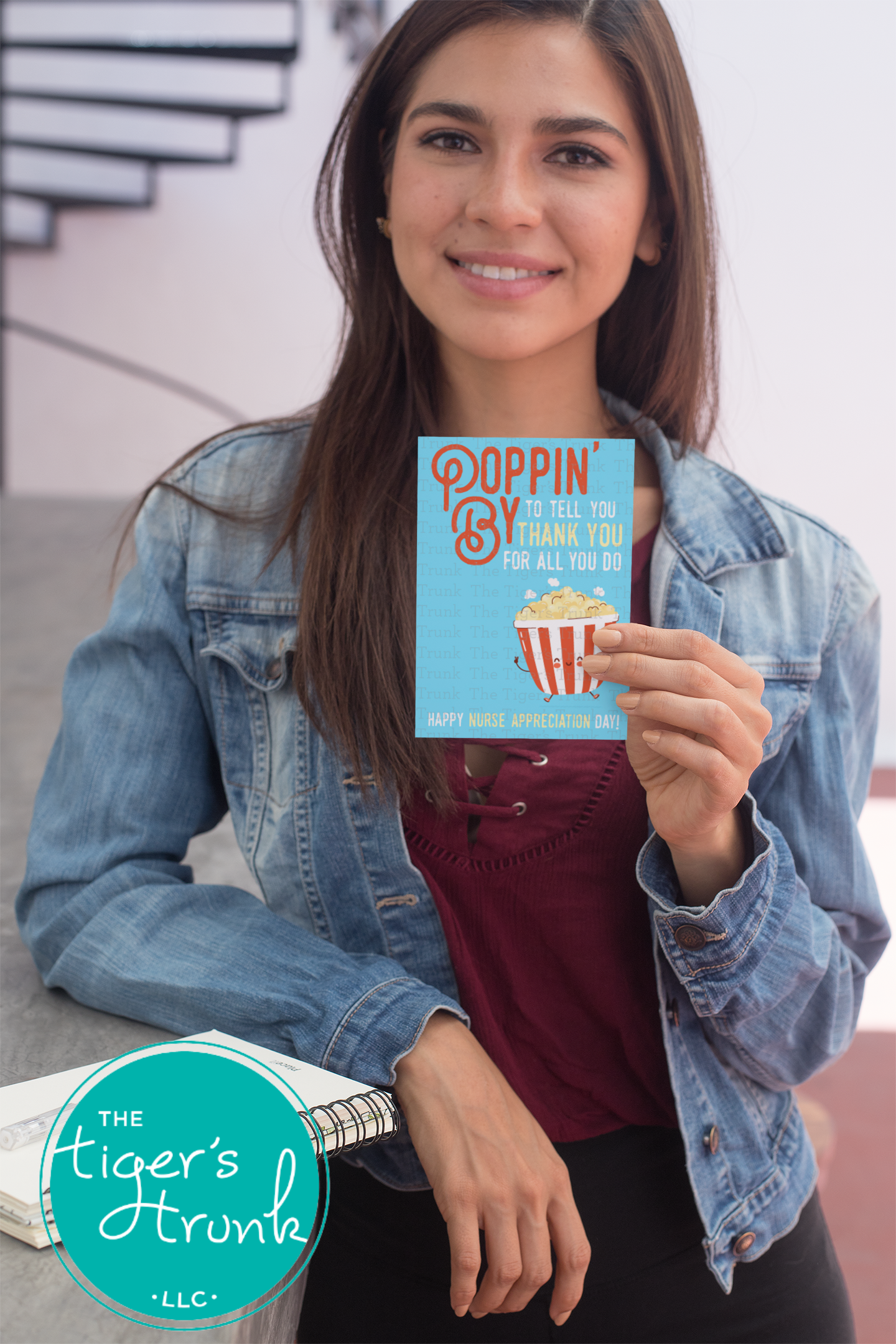 Printable popcorn-themed card with the message "Poppin' By to Tell You Thank You for All You Do," for nurse appreciation gift