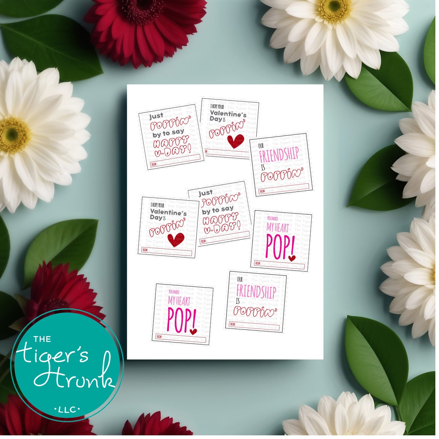 Printable pop-themed Valentine’s tags featuring fun messages like "Just Poppin' By to Say Happy V-Day" and "You Make My Heart Pop," perfect for gum, popcorn, bubbles, or fidget toys.