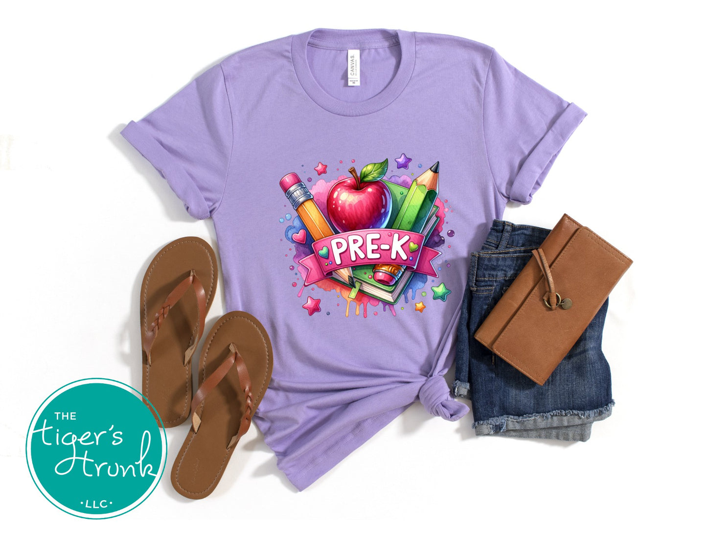 Purple t-shirt with 'PRE-K' design, sandals, denim shorts, and brown clutch on a white background.