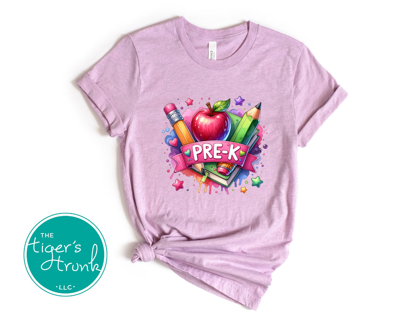 Pink t-shirt with 'PRE-K' design featuring an apple and pencils on a white background.