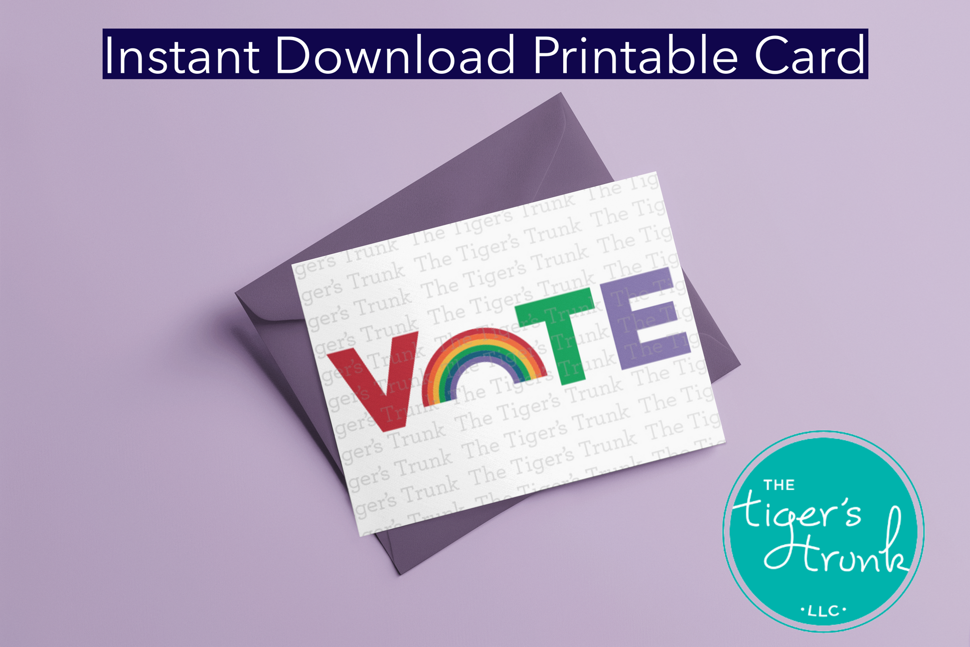 Printable Pride card with the word “VOTE” and a rainbow-colored O, LGBTQ+ celebration of civic engagement, instant download