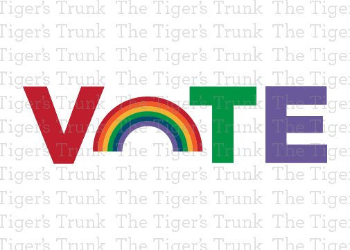 Printable Pride card with the word “VOTE” and a rainbow-colored O, LGBTQ+ celebration of civic engagement, instant download