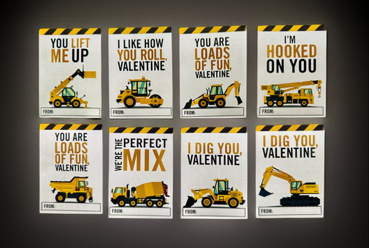 Set of 32 construction-themed Valentine cards featuring 8 unique designs, perfect for kids and classroom exchanges.