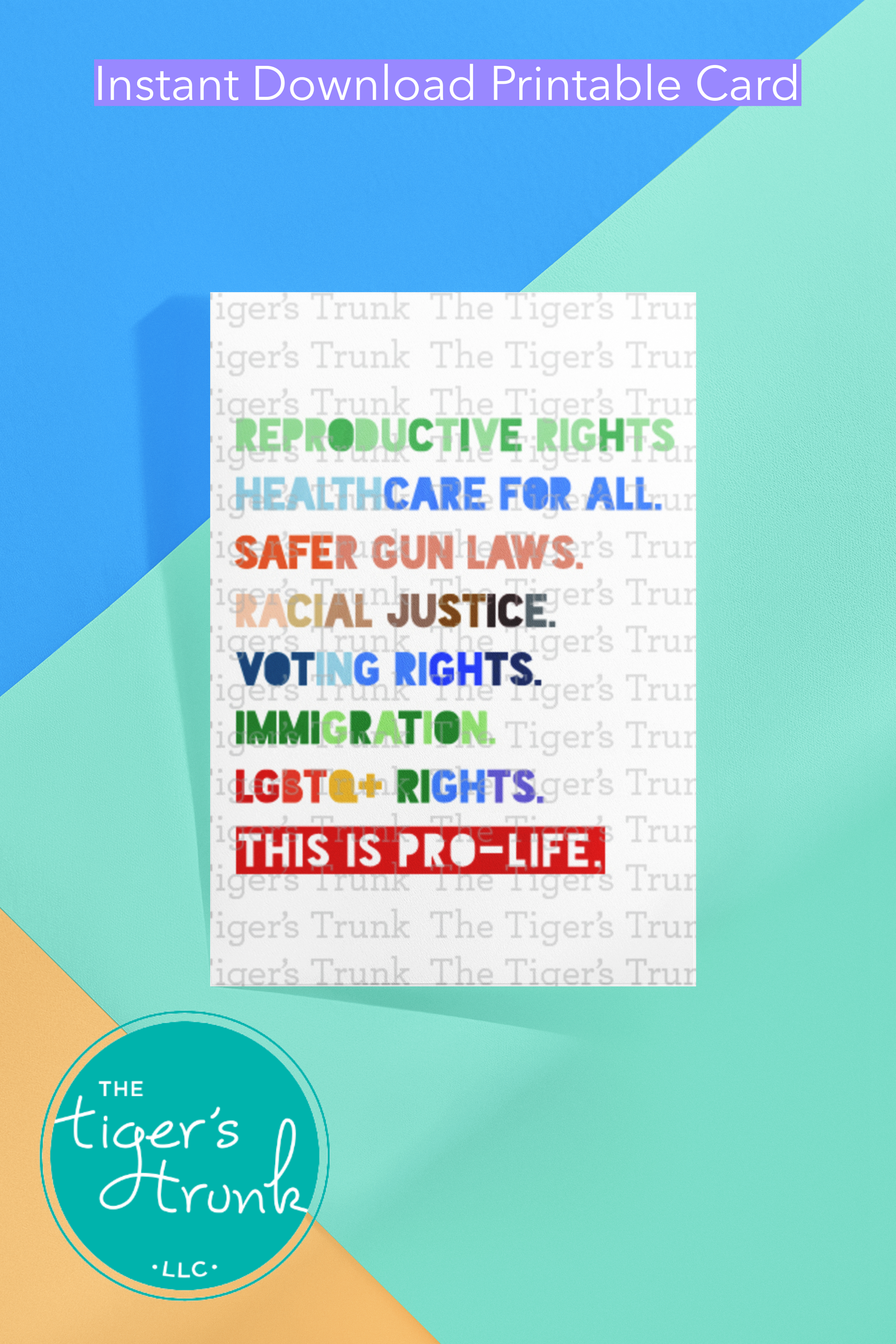 Pride card listing inclusive values with the phrase "This is Pro-Life," rainbow design for LGBTQ+ and social justice support