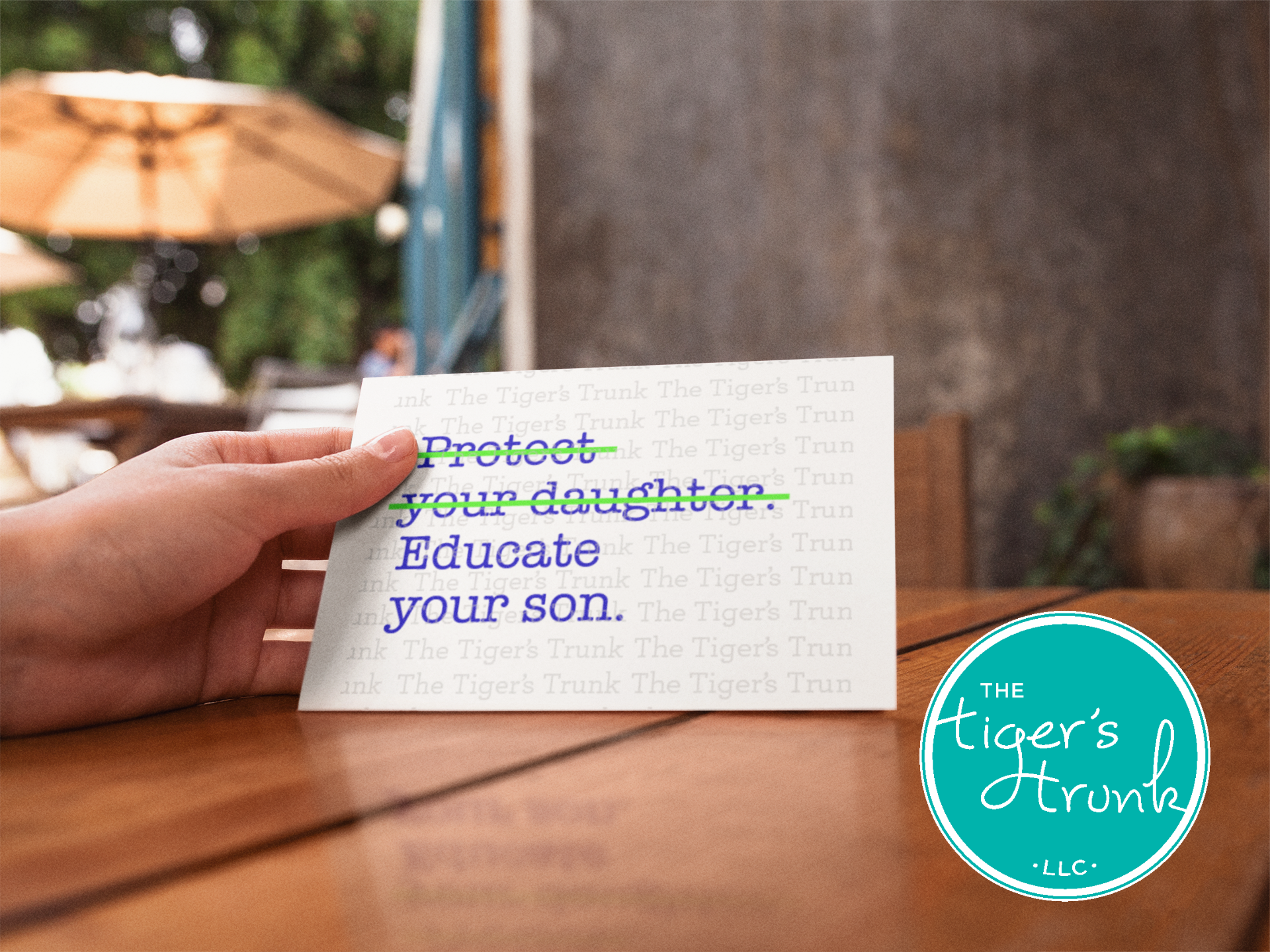 Printable feminist greeting card with Protect Your Daughter crossed out and Educate Your Son message, instant download activism design