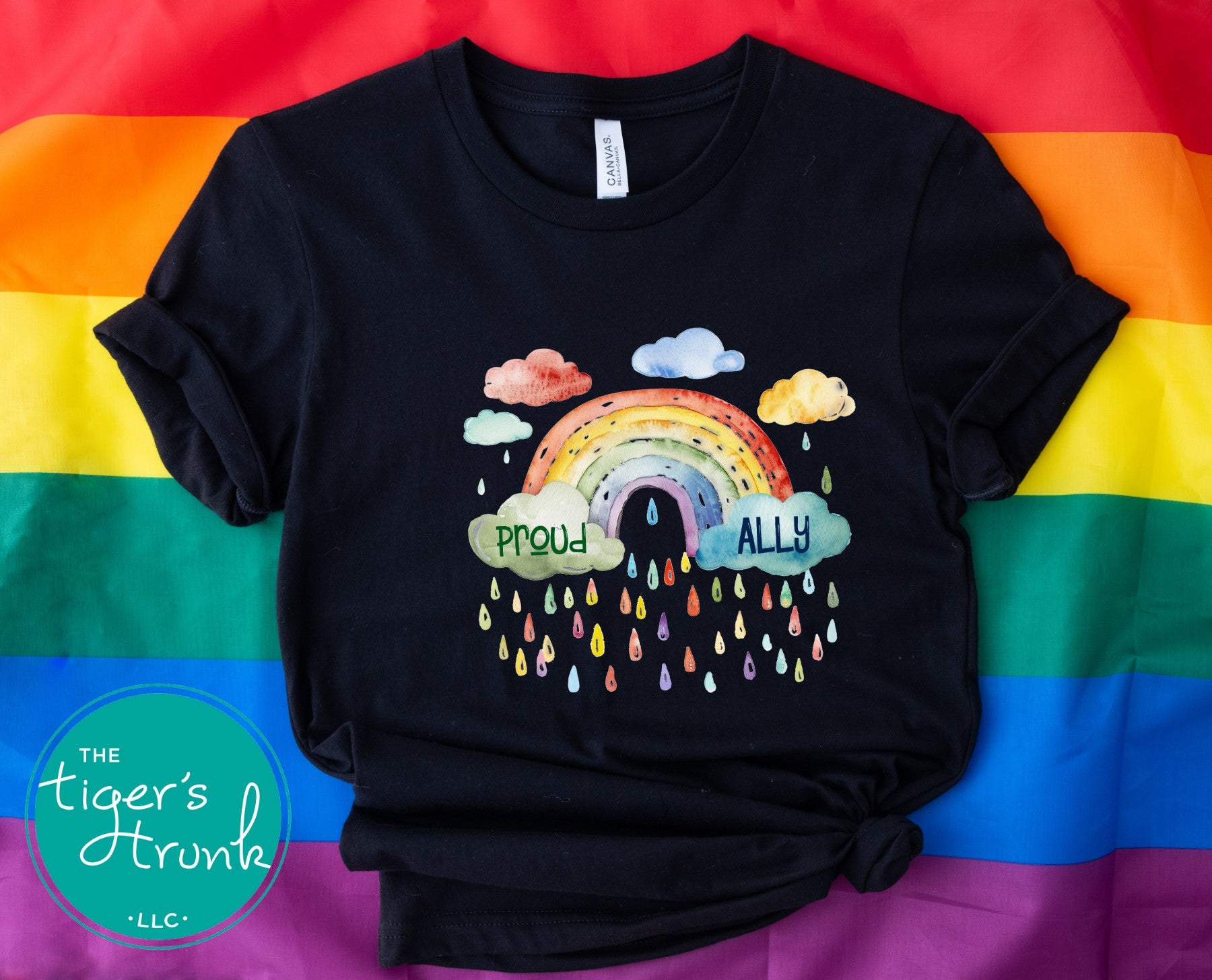 T-shirt with rainbow and raindrops and the phrase “Proud Ally,” LGBTQ+ Pride shirt for allies showing love and support