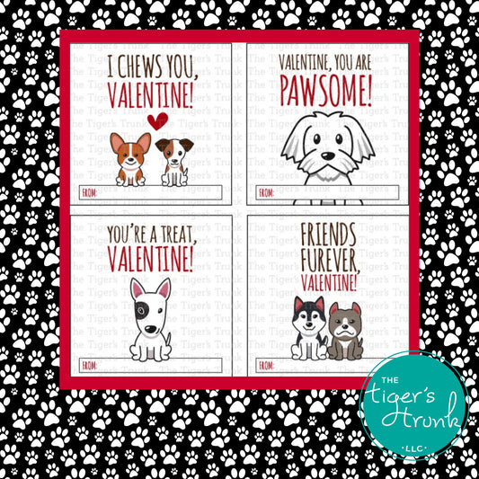 Printable puppy Valentine square tags with 8 unique designs, instant download, perfect for classroom favors or gift tags.