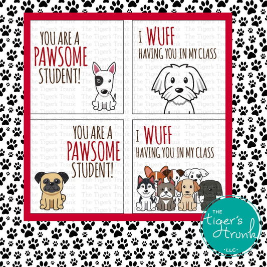 Printable Valentine cards for teachers with "So Doggone Cute" and puppy designs, instant download, set of 4 designs per sheet.