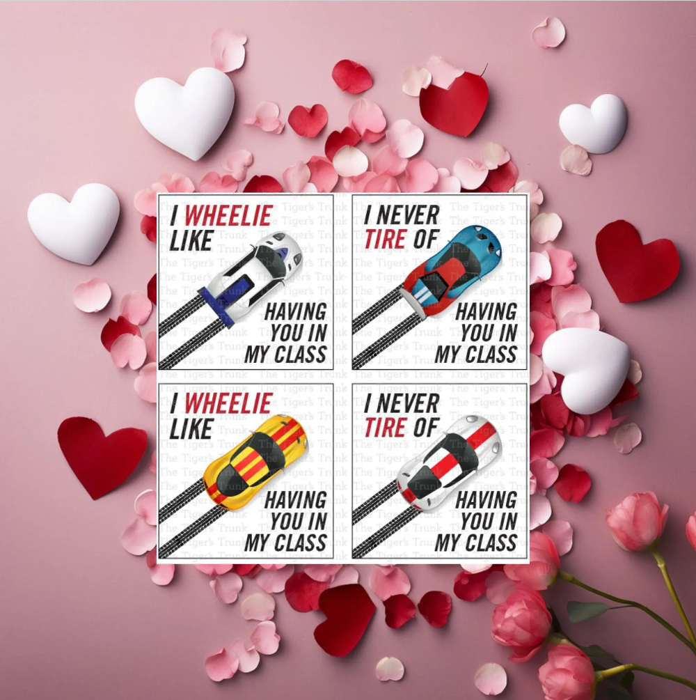 Digital download racecar-themed Valentine cards for teachers, 4 designs with 2 slogans, perfect for classroom exchanges.