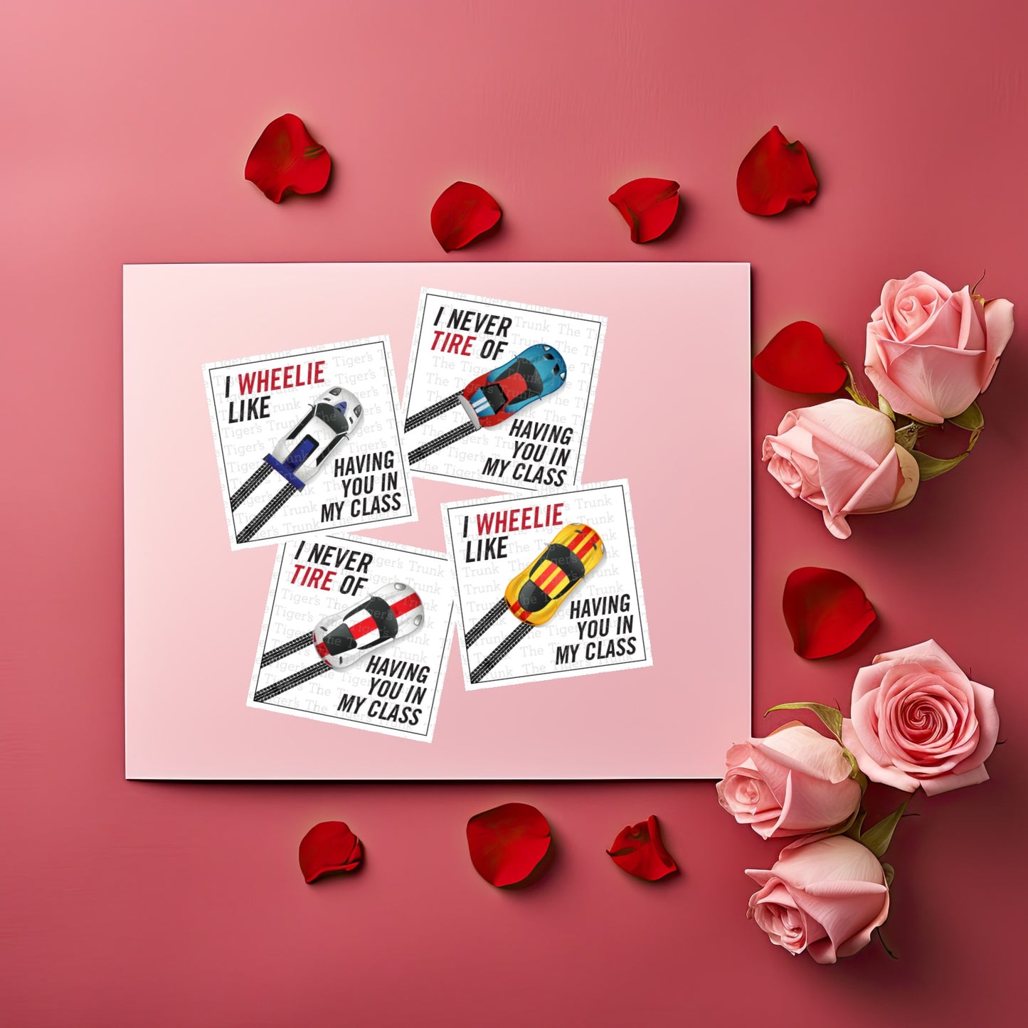 Digital download racecar-themed Valentine cards for teachers, 4 designs with 2 slogans, perfect for classroom exchanges.