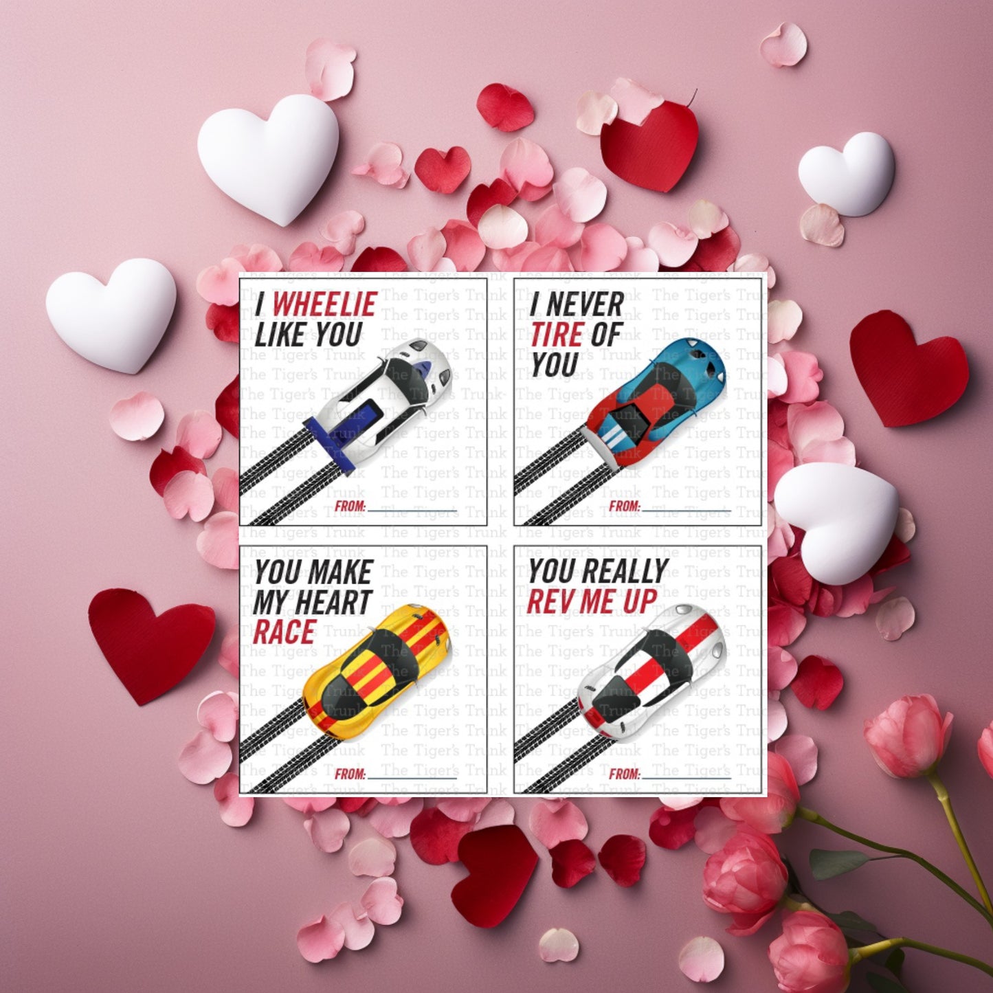 Printable Valentine’s tags featuring racecar designs, 4 unique designs, ideal for kids’ classroom exchanges and treat bags.