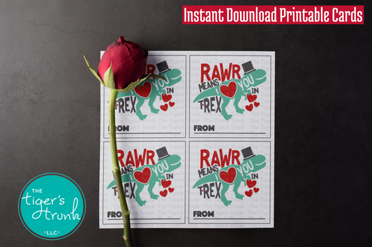 Printable Valentine’s square tags featuring a T-Rex graphic and the phrase Rawr Means I Love You in T-Rex, perfect for gifts and treats