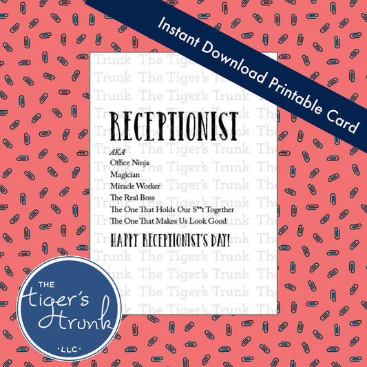 Printable receptionist appreciation card listing bold job roles like Office Ninja and Miracle Worker, instant download for thank-you gifts