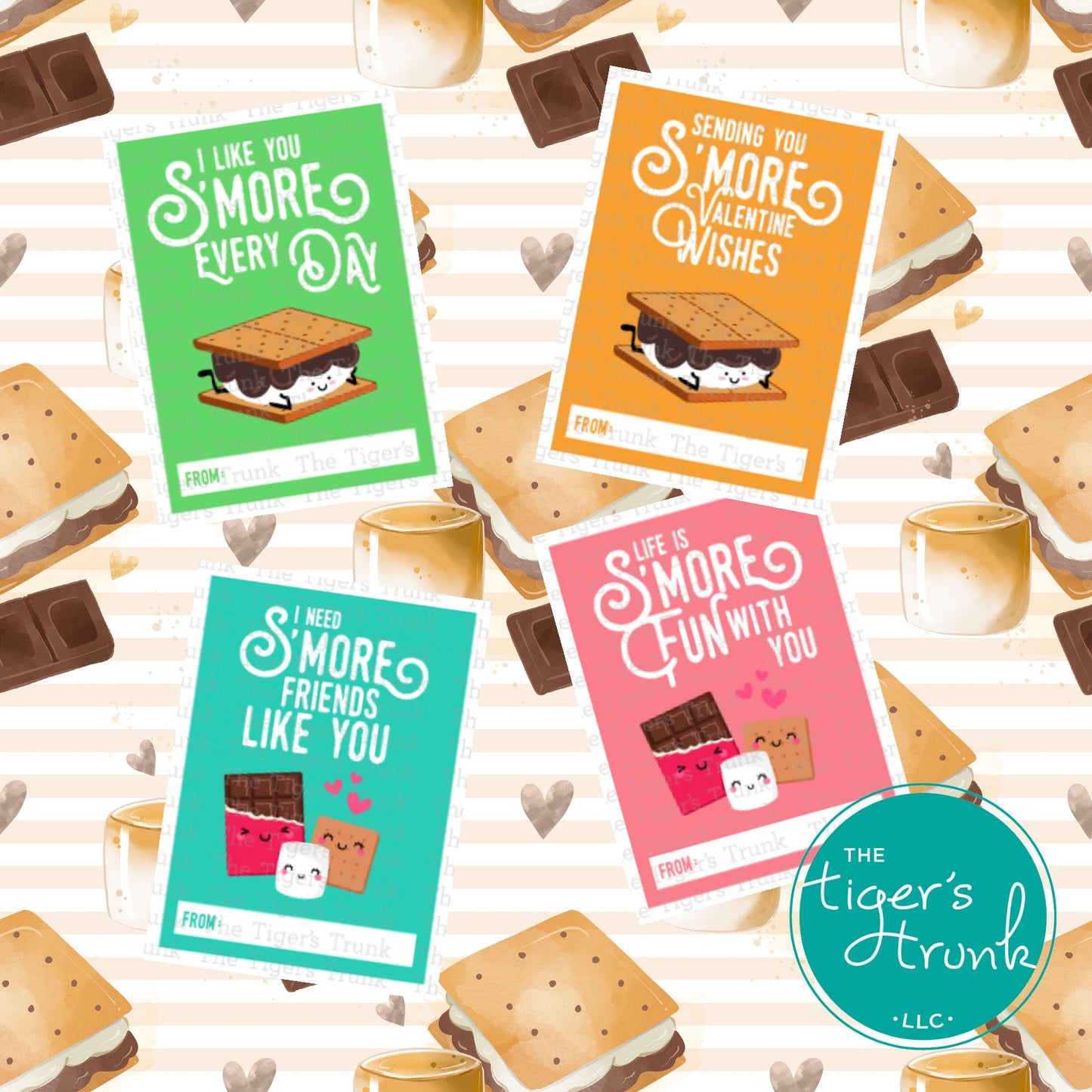 Printable s'more-themed Valentine’s cards featuring messages like "I Need S'More Friends Like You."