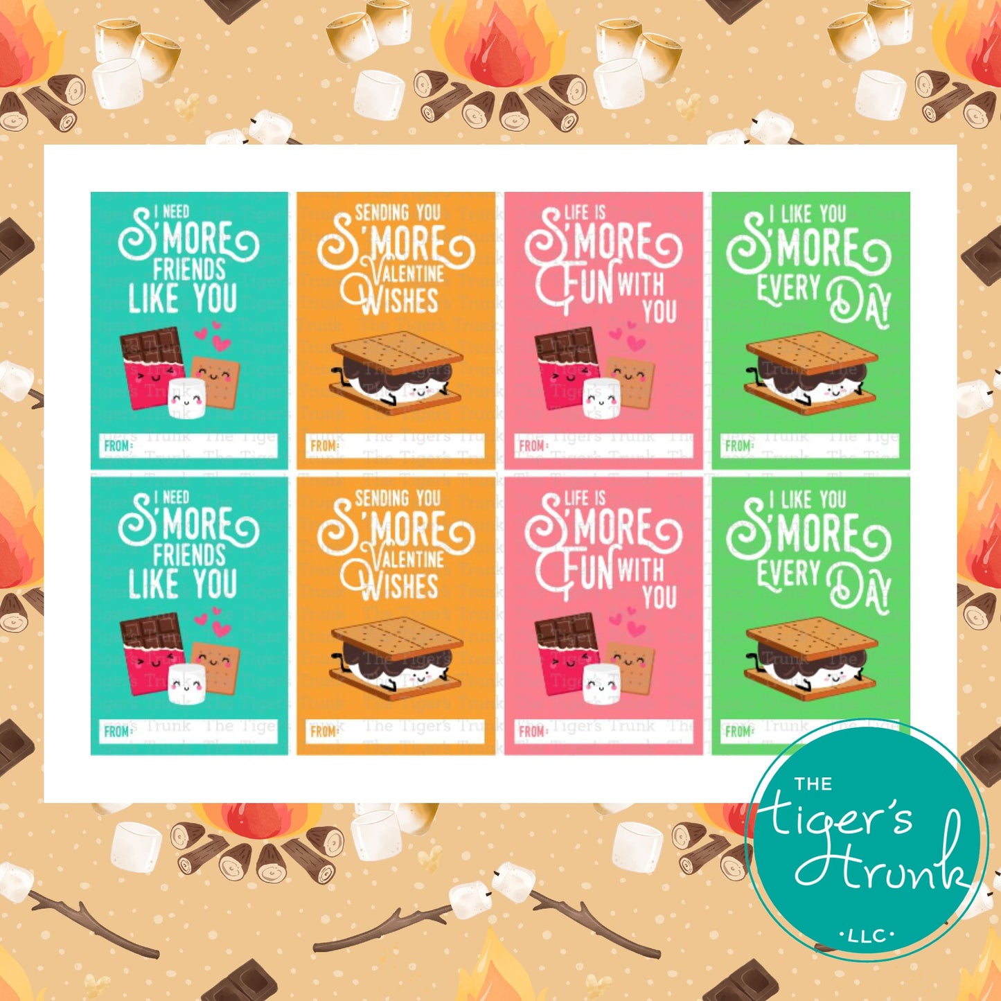Printable s'more-themed Valentine’s cards featuring messages like "I Need S'More Friends Like You."