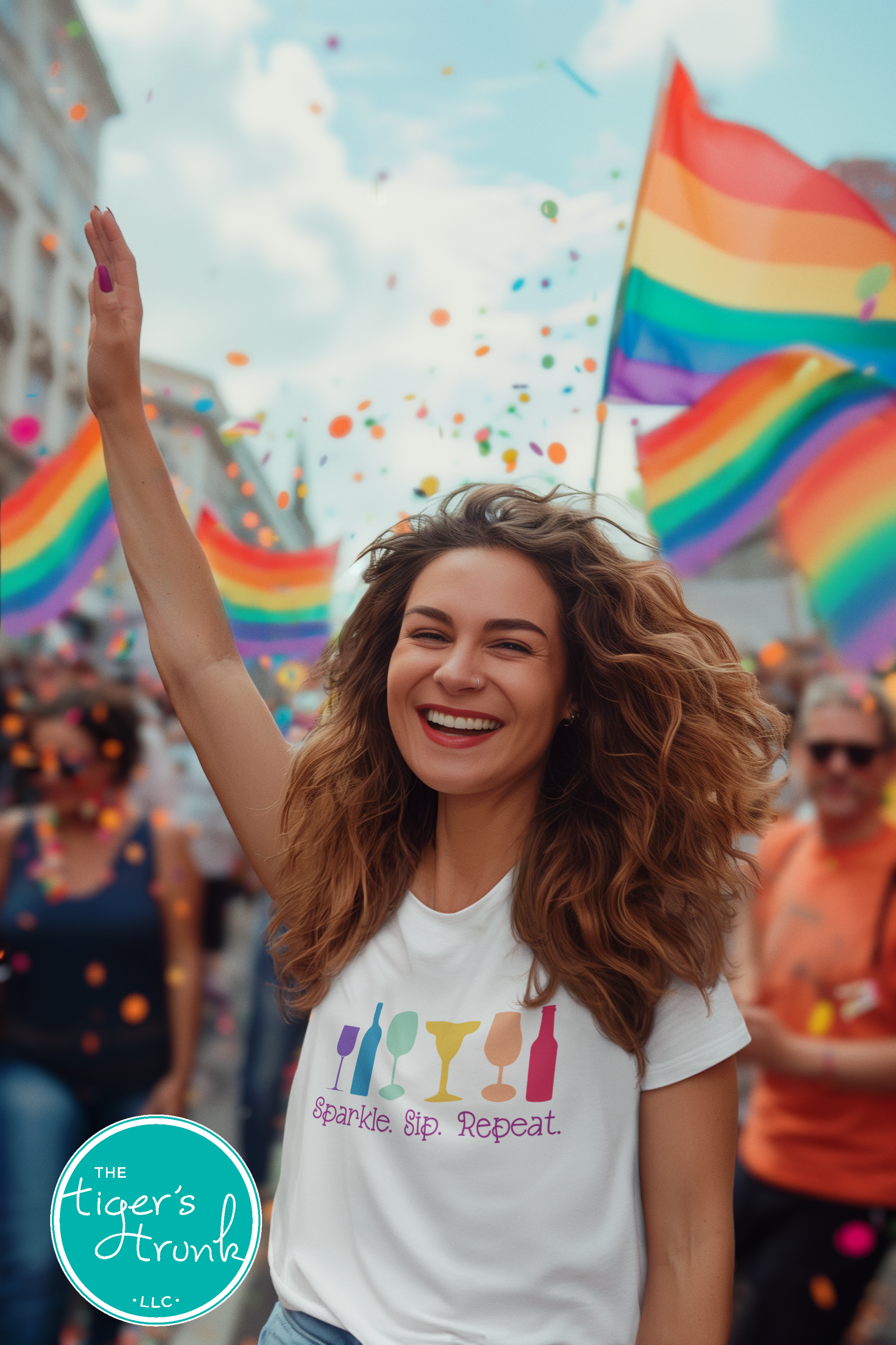 T-shirt with the phrase "Sparkle, Sip, Repeat" and rainbow-colored wine, beer, and cocktail glasses, Pride graphic for LGBTQ+ community and allies