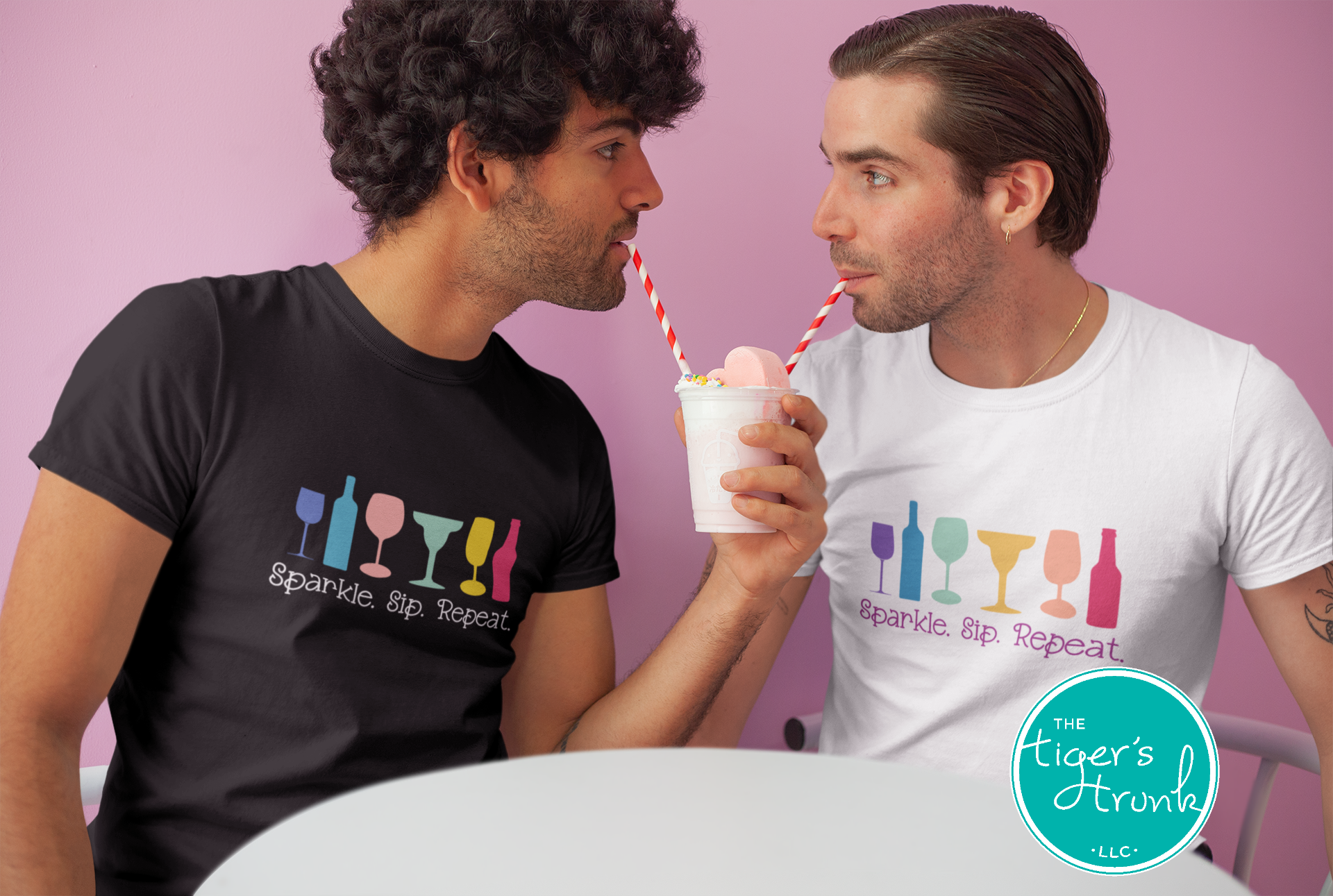 T-shirt with the phrase "Sparkle, Sip, Repeat" and rainbow-colored wine, beer, and cocktail glasses, Pride graphic for LGBTQ+ community and allies