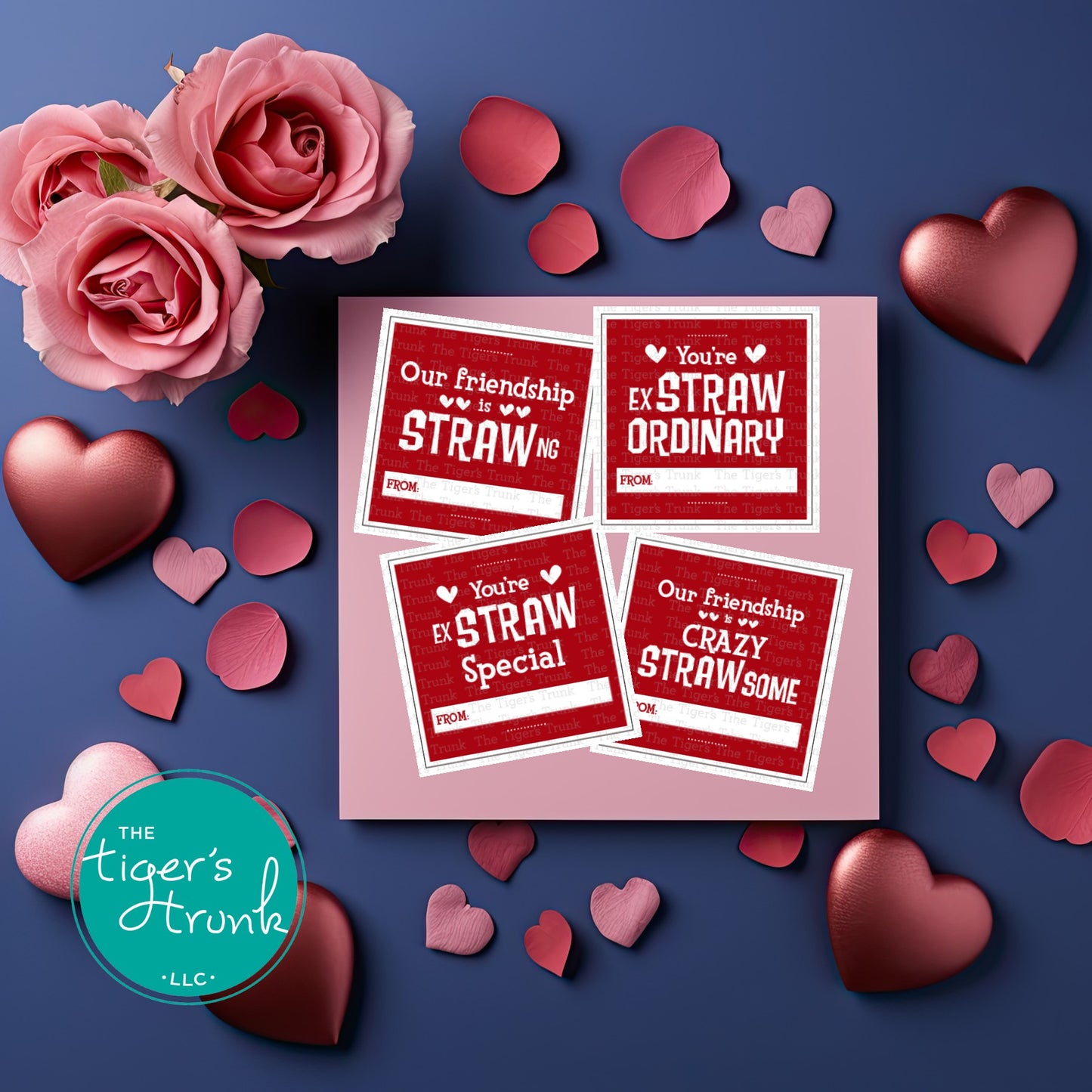 Printable straw-themed Valentine’s tags featuring fun messages like "You're ExSTRAW Special" and "Our Friendship is STRAWng."