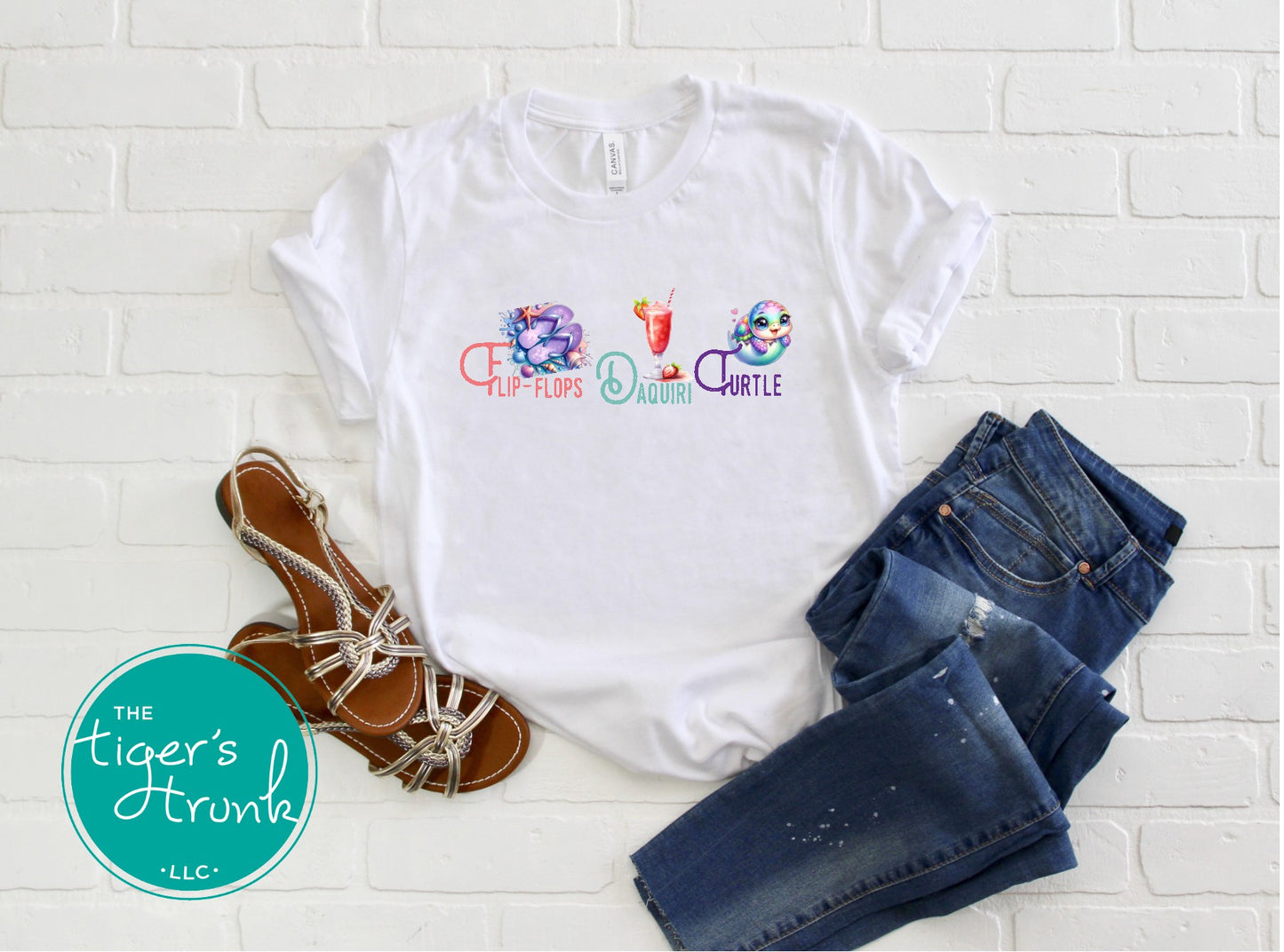 Summer design featuring flip-flops, a daiquiri, and a turtle, subtle protest graphic for t-shirts, tank tops, or beach bags