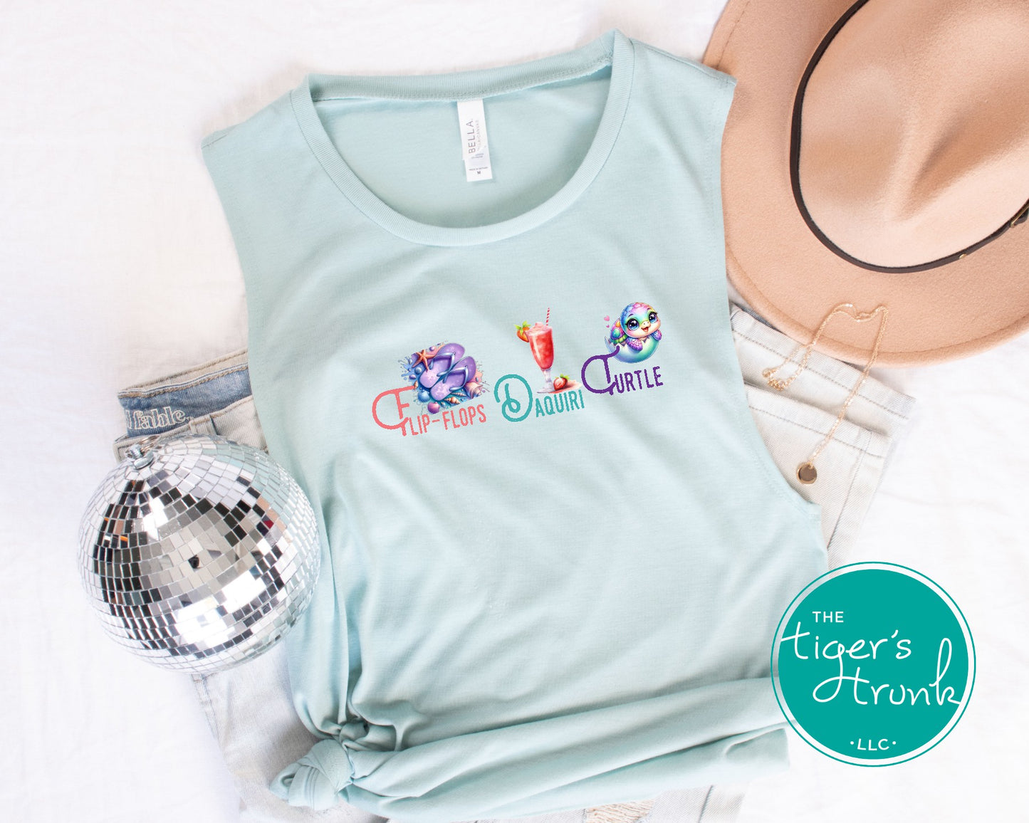 Summer design featuring flip-flops, a daiquiri, and a turtle, subtle protest graphic for t-shirts, tank tops, or beach bags