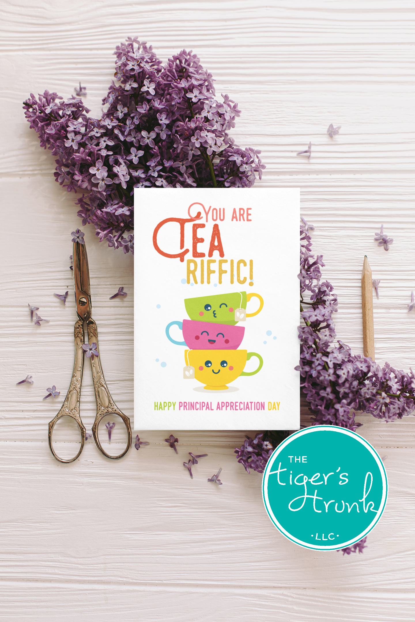 Printable Principal Appreciation card with a tea theme and a fun thank-you message, available as an instant digital download in PDF format.