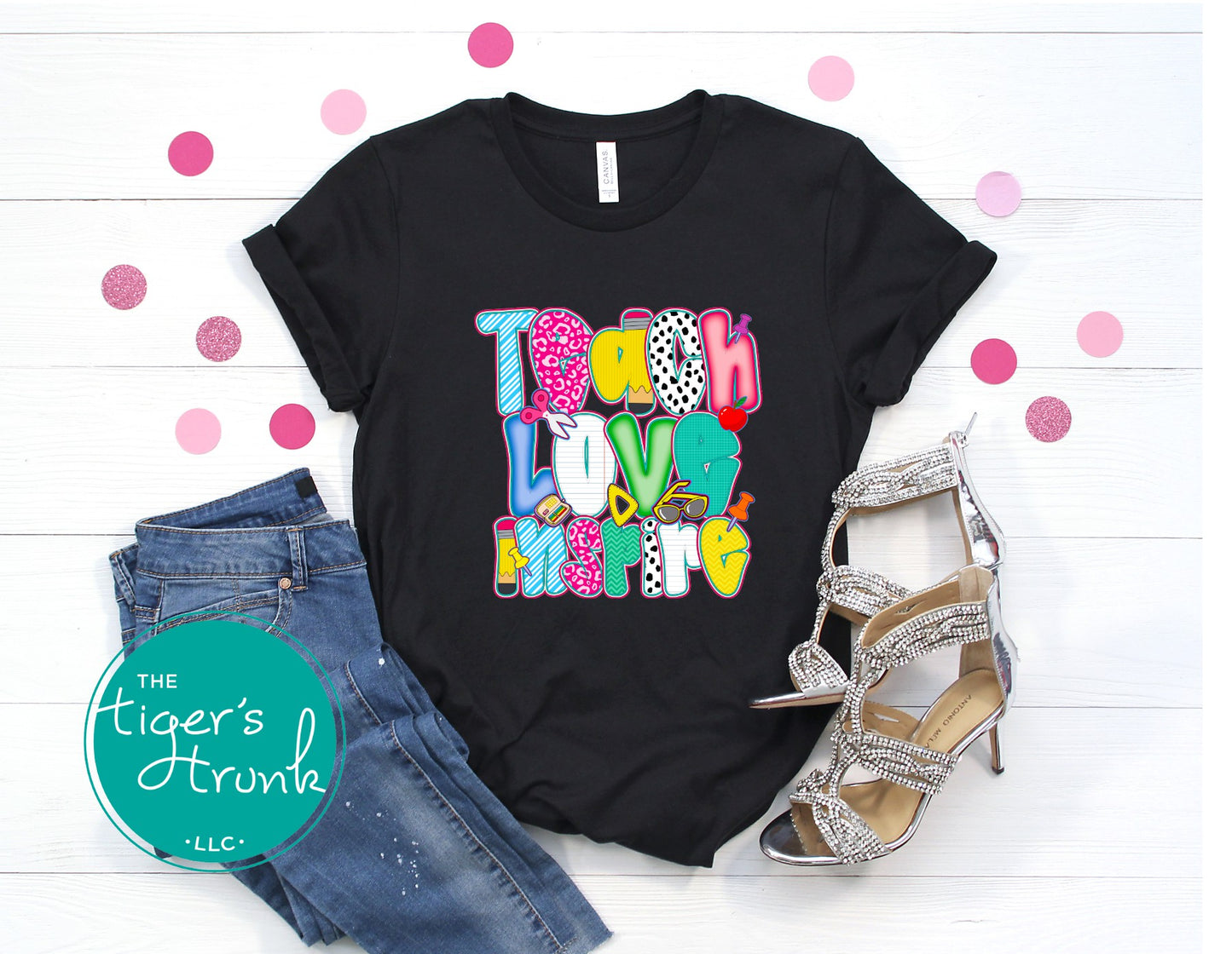T-shirt with "Teach Love Inspire" message, inspirational and positive graphic tee for teachers and school staff