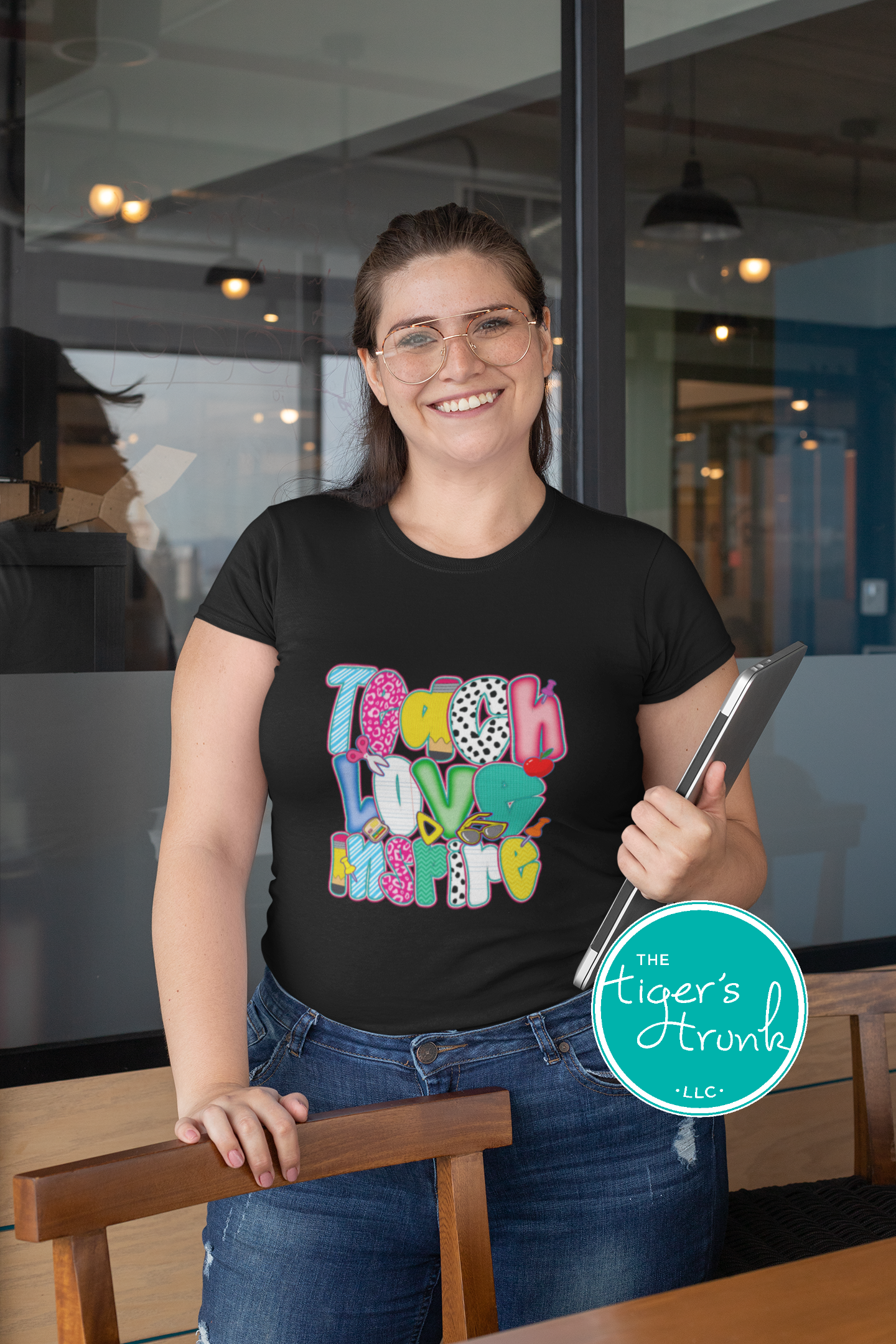 T-shirt with "Teach Love Inspire" message, inspirational and positive graphic tee for teachers and school staff