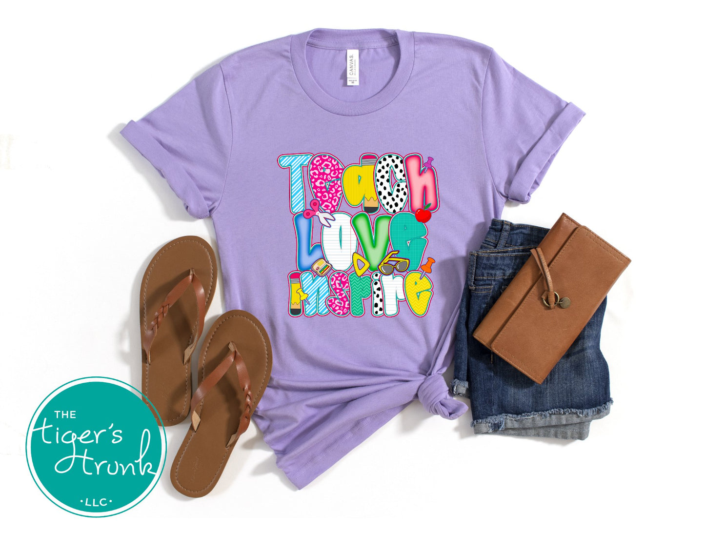 T-shirt with "Teach Love Inspire" message, inspirational and positive graphic tee for teachers and school staff