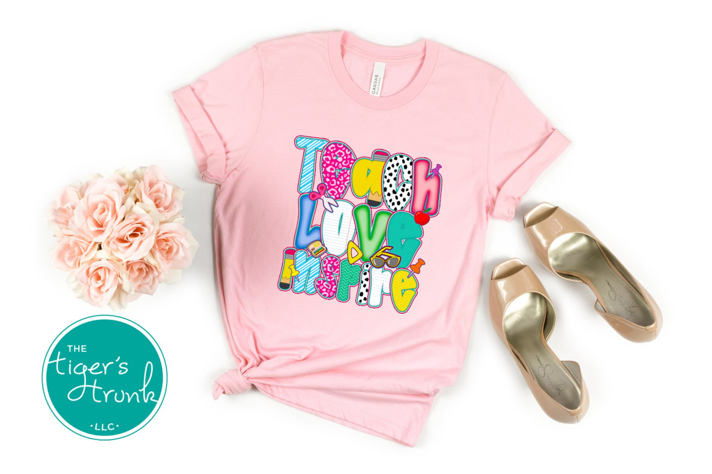 T-shirt with "Teach Love Inspire" message, inspirational and positive graphic tee for teachers and school staff
