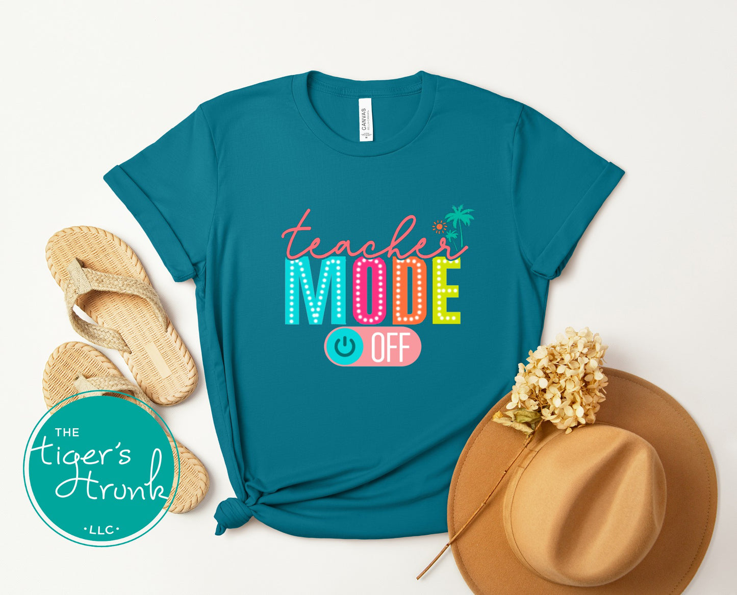 Graphic t-shirt that says "Teacher Mode Off," casual and funny design perfect for teachers celebrating summer break or time off