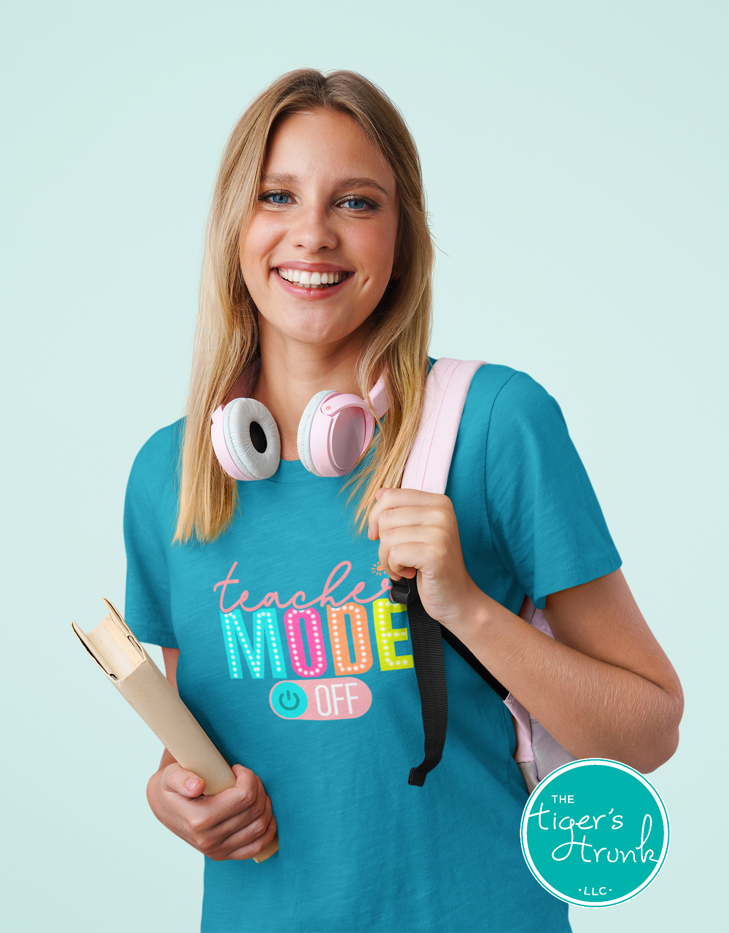 Graphic t-shirt that says "Teacher Mode Off," casual and funny design perfect for teachers celebrating summer break or time off
