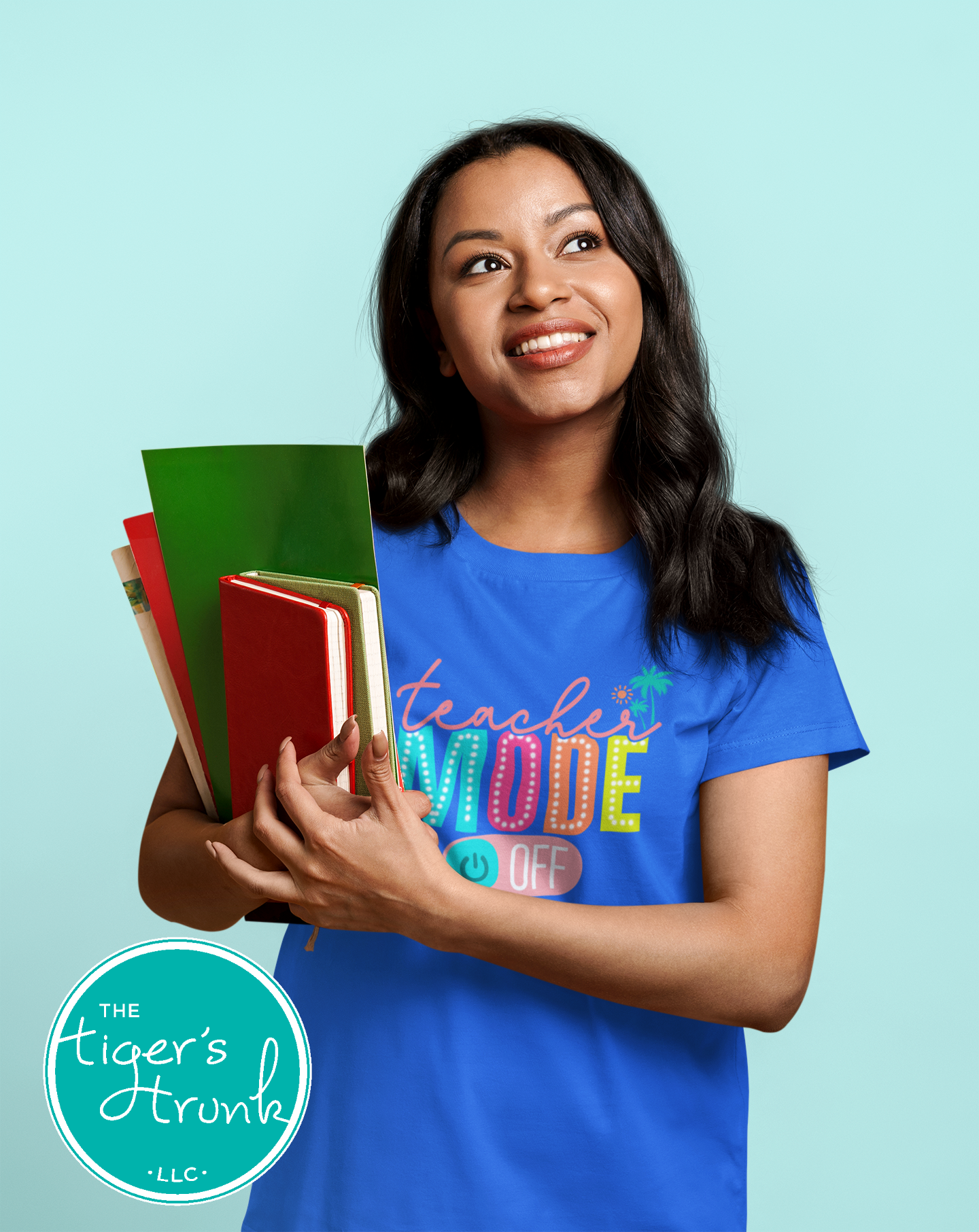 Graphic t-shirt that says "Teacher Mode Off," casual and funny design perfect for teachers celebrating summer break or time off