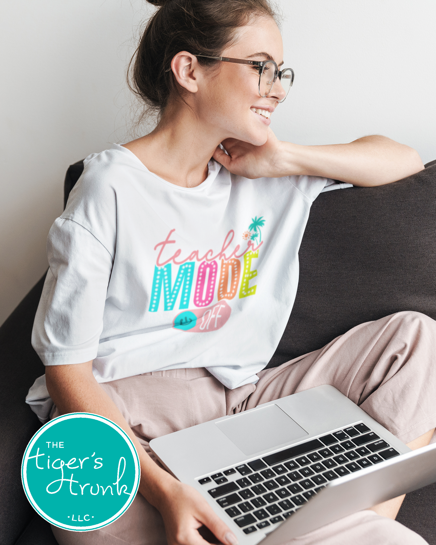 Graphic t-shirt that says "Teacher Mode Off," casual and funny design perfect for teachers celebrating summer break or time off