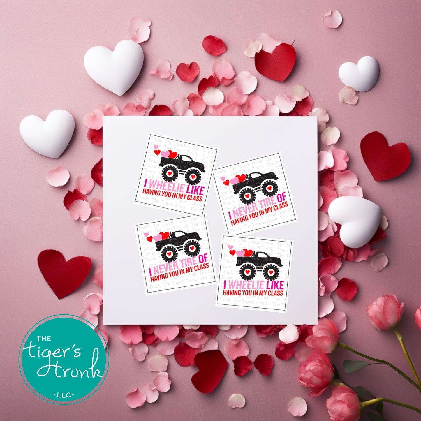 Printable Valentine’s Day cards for teachers featuring monster trucks and hearts, instant download with 4 designs for students.