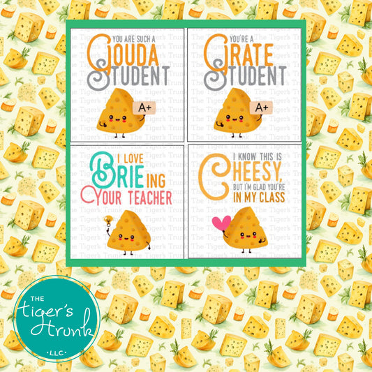 Printable teacher Valentine tags with cheese puns, instant download, perfect for student gifts, classroom valentines, and school appreciation.