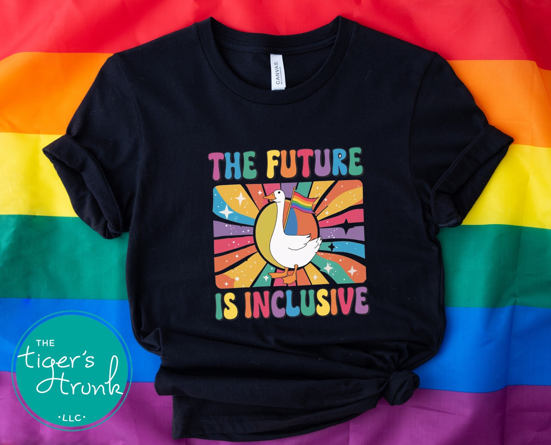 T-shirt with rainbow text that reads “The Future Is Inclusive,” LGBTQ+ Pride graphic shirt for equality and ally support