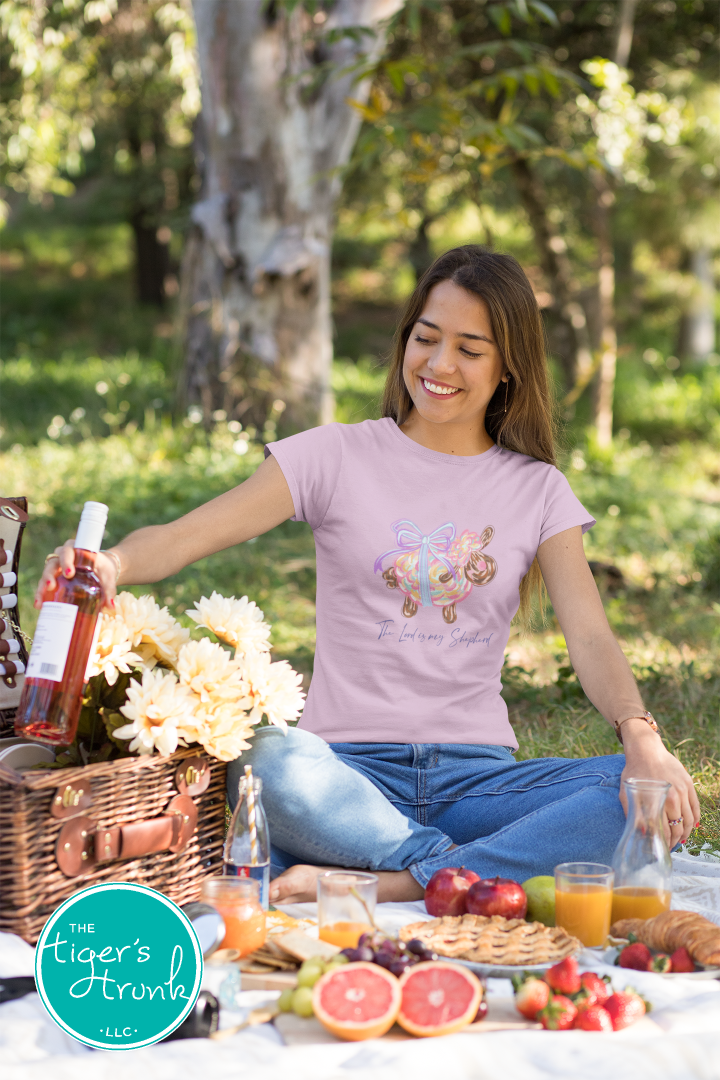 Christian Easter t-shirt with watercolor sheep and Psalm 23:1, featuring the verse "The Lord is my shepherd" in soft, faith-inspired design.