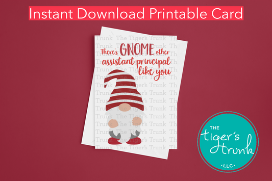 Printable Assistant Principal Appreciation card with a gnome theme and a fun thank-you message, available as an instant digital download in PDF format.