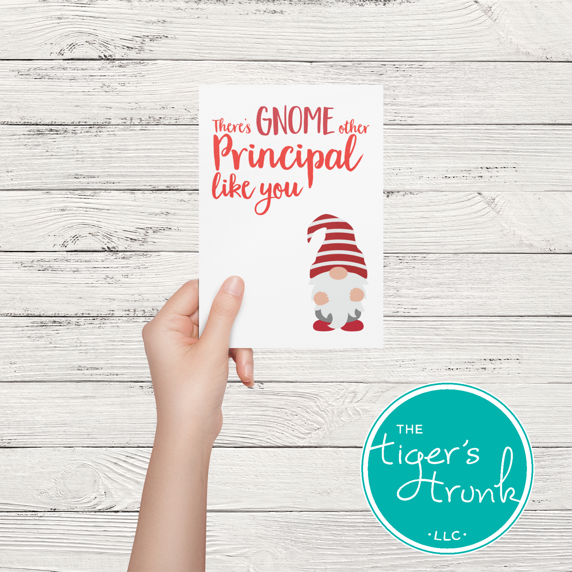 Printable Principal Appreciation card with a gnome theme and a fun thank-you message, available as an instant digital download in PDF format.