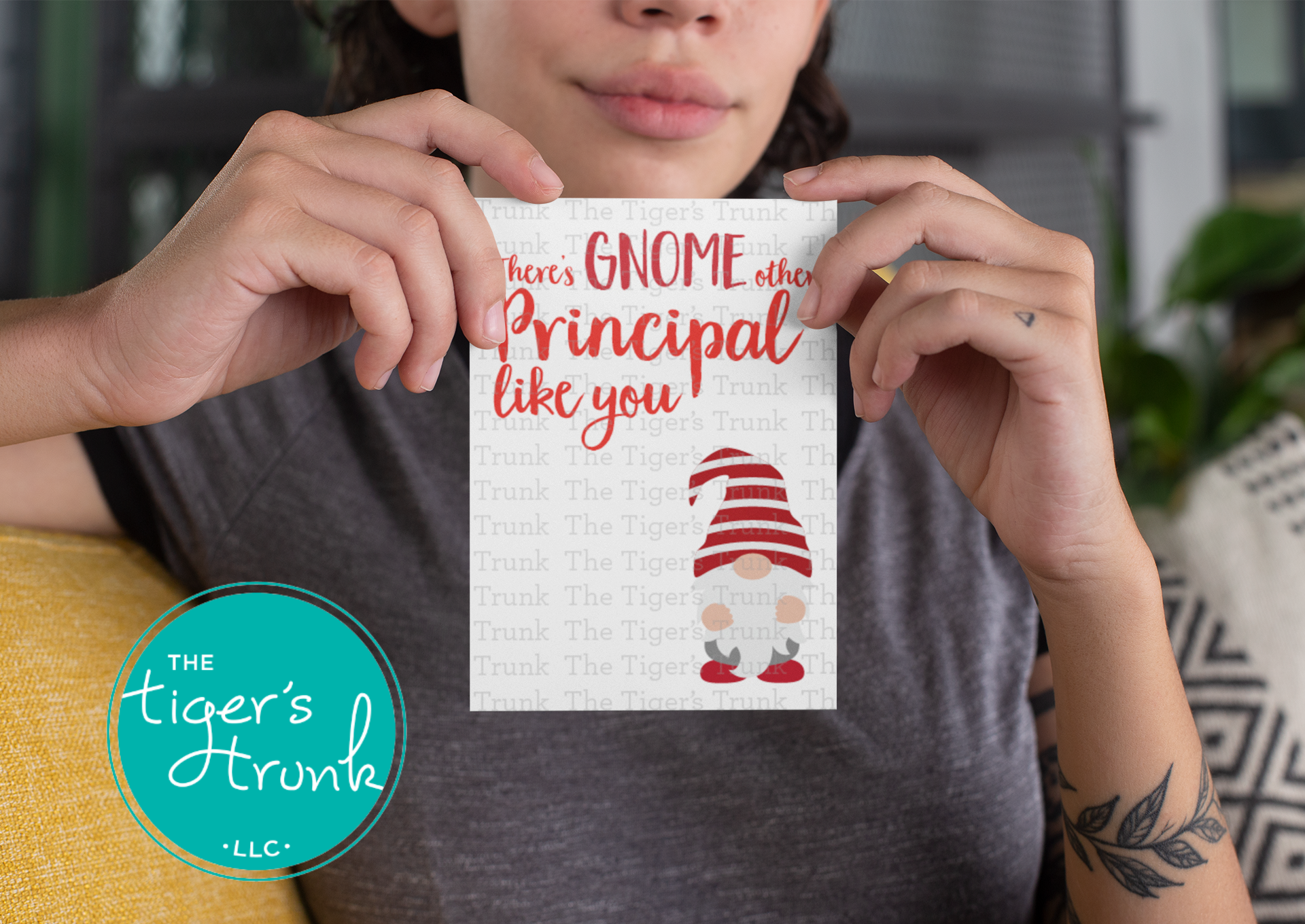 Printable Principal Appreciation card with a gnome theme and a fun thank-you message, available as an instant digital download in PDF format.