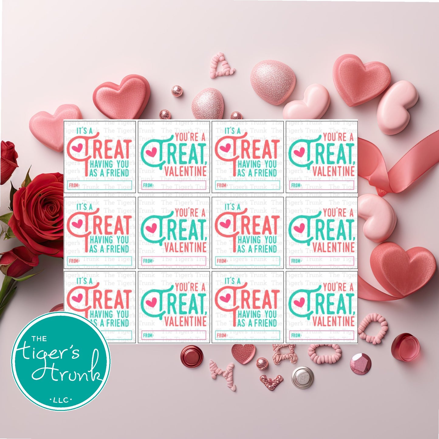 Printable treat-themed Valentine cards with fun puns, instant download non-candy Valentine gifts for classroom exchanges and party favors.