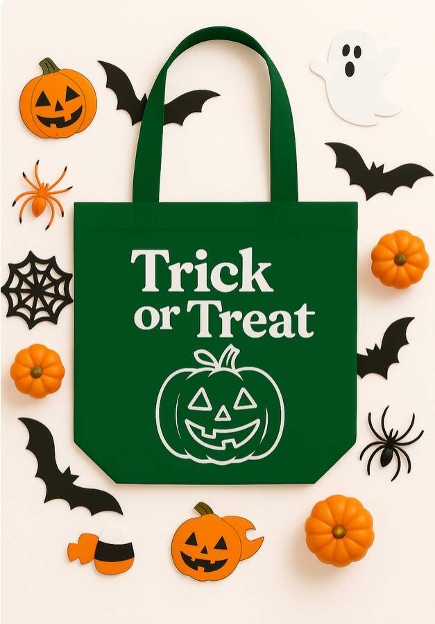 Green Halloween tote bag with 'Trick or Treat' text and pumpkin design, surrounded by Halloween decorations on a white background.